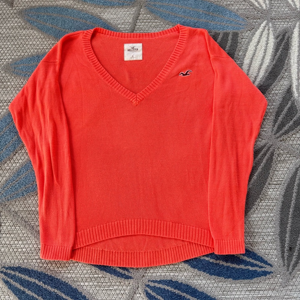 Hollister Women’s Deep V-Neck Aloha Orange Pullover Sweater Size Large Y2K